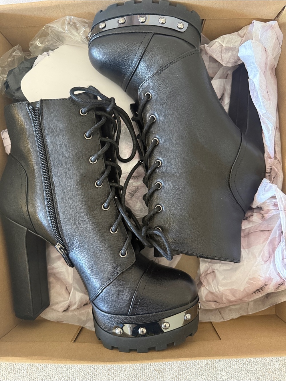Jessica Simpson Black Lace-Up Platform Ankle Boots with Stud Accents - Picture 2 of 4
